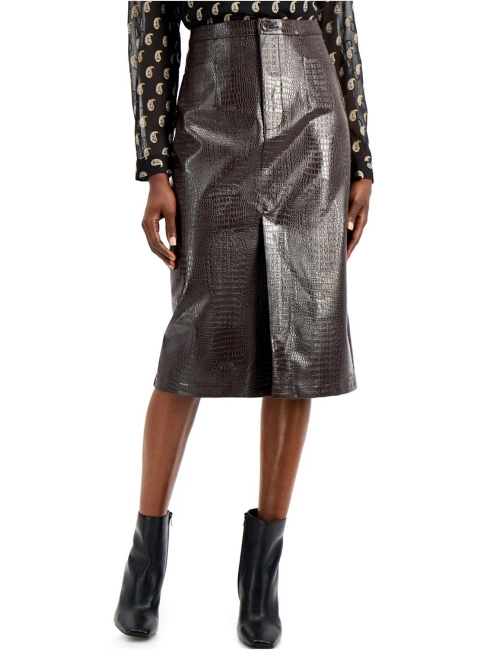 NEW INC Croc Embossed Faux Leather Midi Skirt Brown Size 2